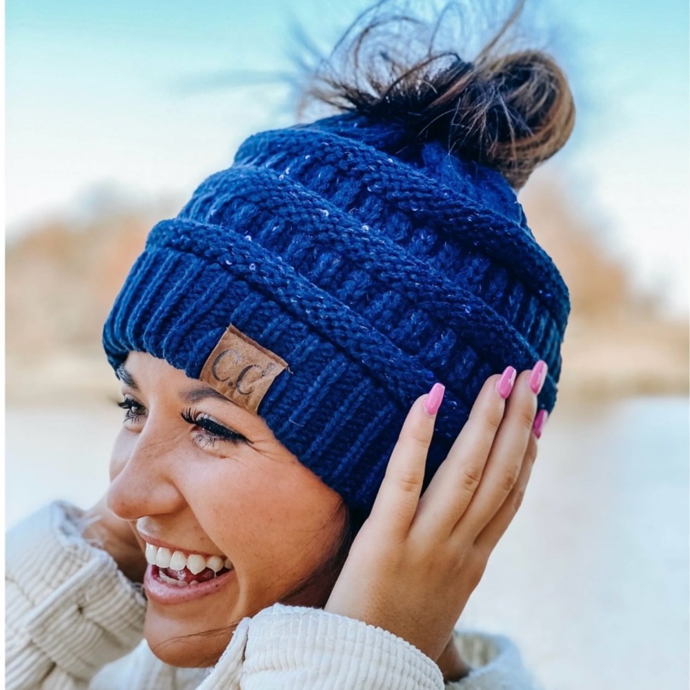 New C.C Women’s Sequins Knit Beanie with Ponytail Opening optional in Navy